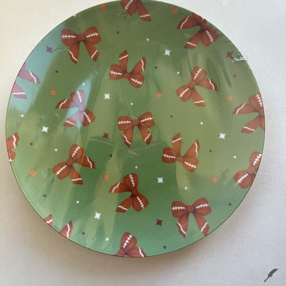 Set of 10 Festive Green Dessert/Appetizer Plates with Football Bows